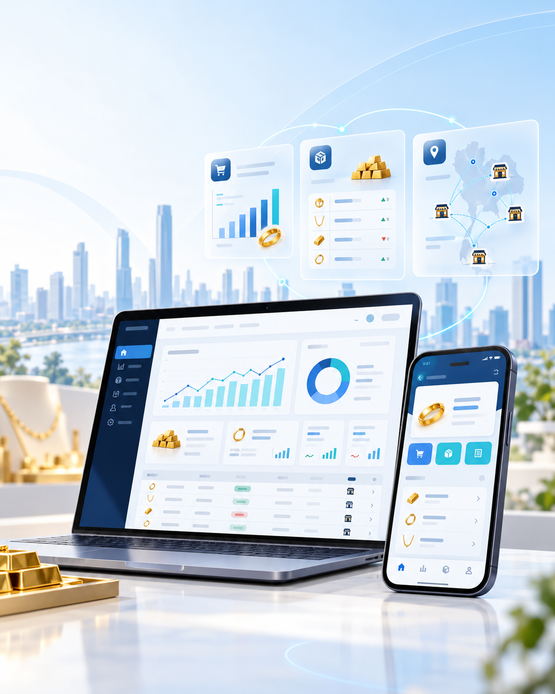 Laptop smartphone และ workflow panels เชื่อมระบบธุรกิจทองของ EC FINTRIX